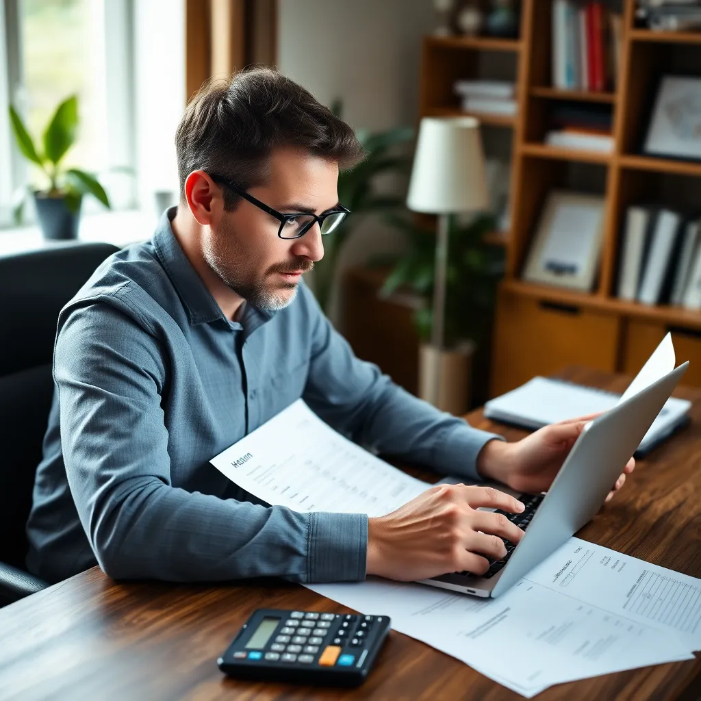 Nederlandse man die zijn belastingaangifte invult op laptop