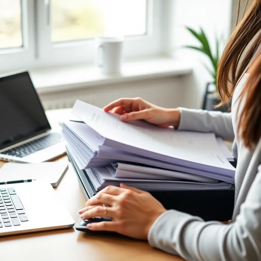 Persoon die belastingdocumenten ordent met georganiseerde mappen