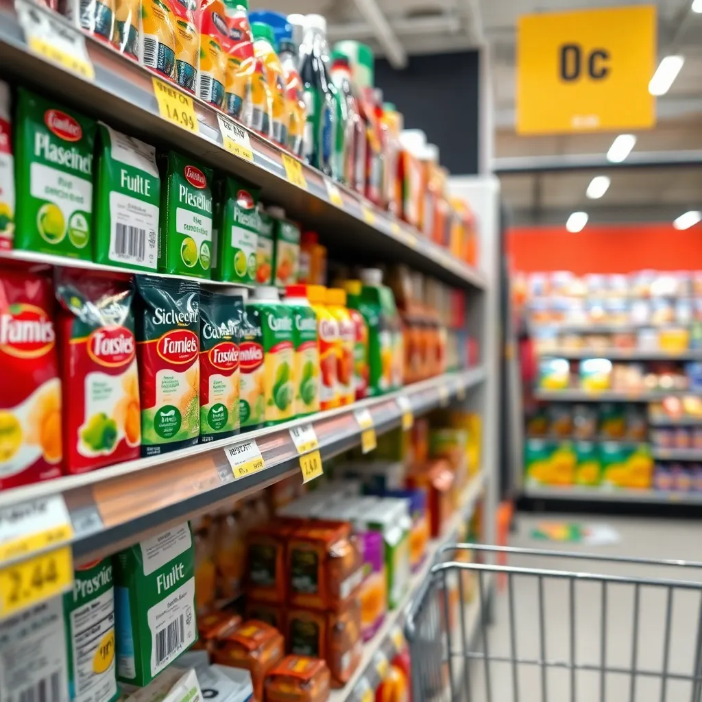 Vrouw die boodschappen doet in Nederlandse supermarkt met smartphone in hand om aanbiedingen te checken